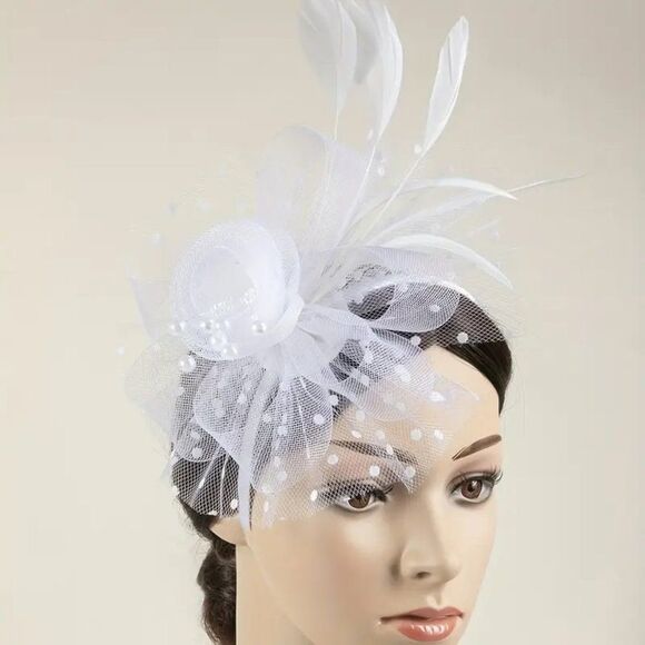 Women's Fascinator Hat - Feather and Pearl Dotted Fascinator For Weddings - Picture 2 of 6